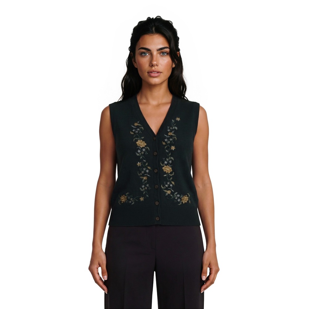 Vintage Susan Bristol Sweater Vest Womens Size Large Petite LP Green Embroidered
